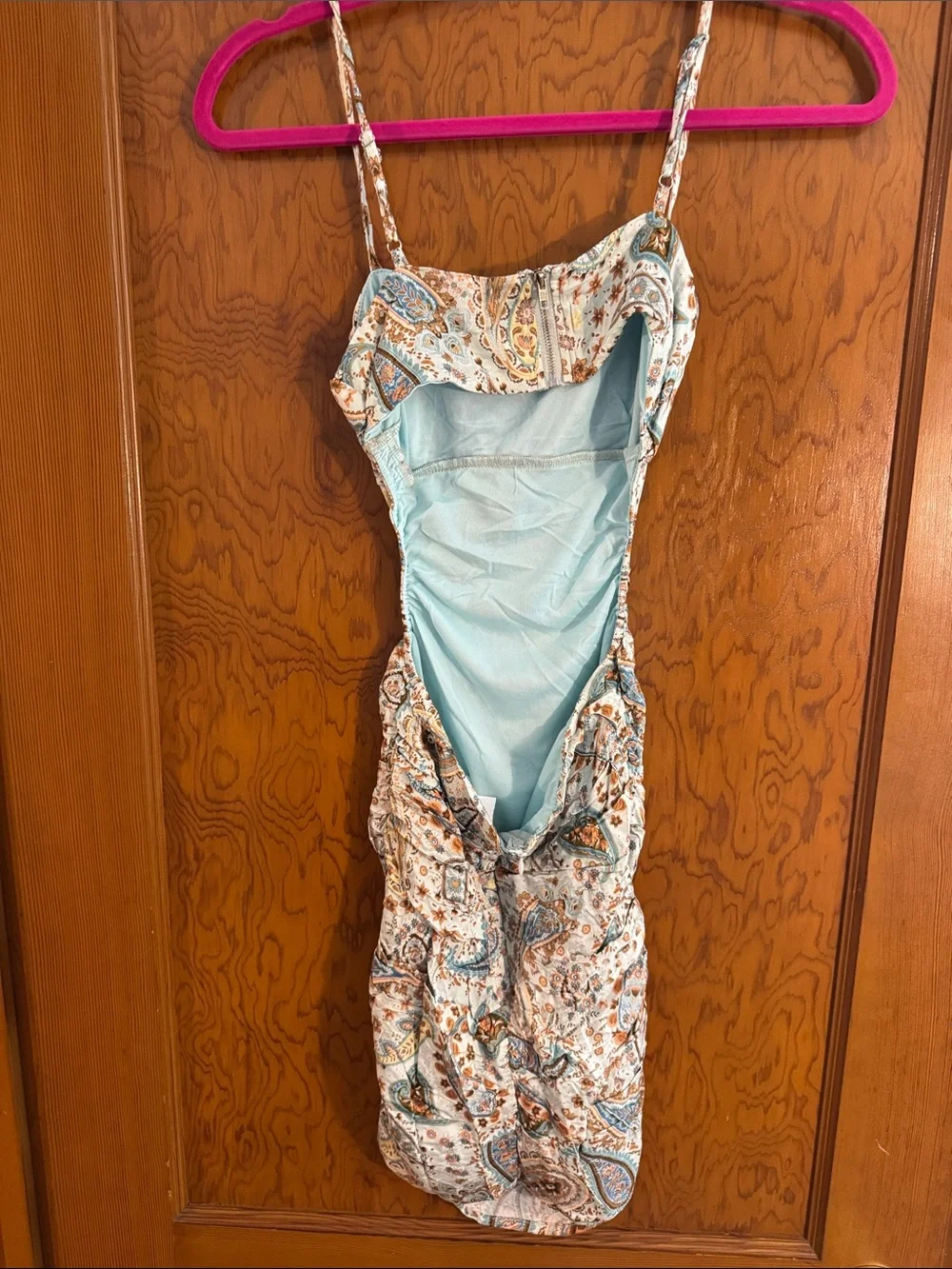 Sky To Moon Paisley Ruched Mini Dress with open back